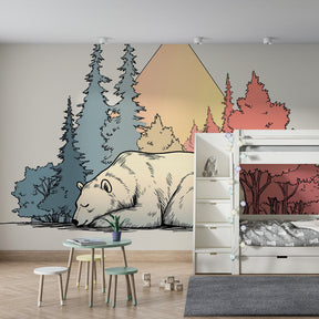 Woodland polar bear wallpaper creating peaceful children's bedroom atmosphere