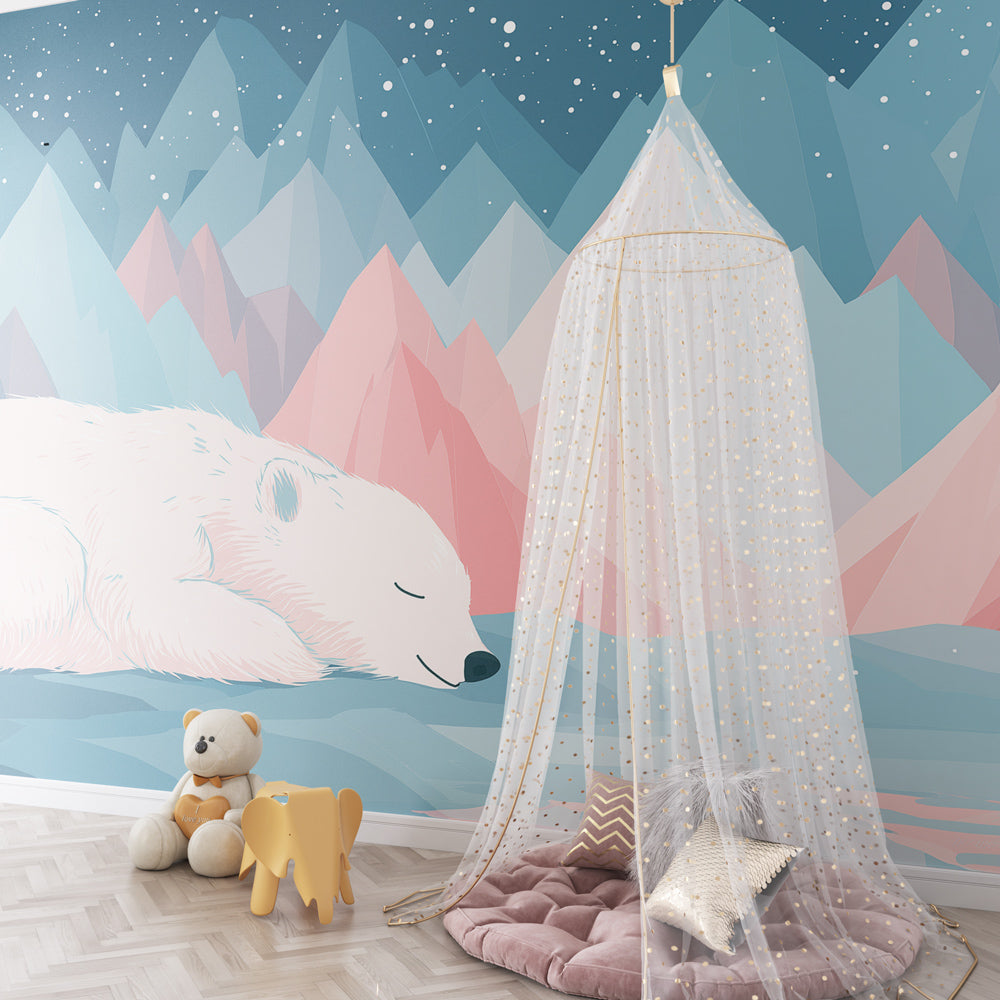 Mountain polar bear mural wallpaper transforming nursery into peaceful winter wonderland