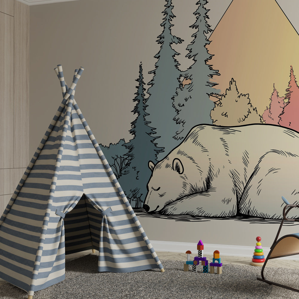 Enchanted forest mural wallpaper with sleeping polar bear for kids room by Kids-Mundo
