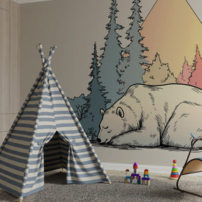 Enchanted forest mural wallpaper with sleeping polar bear for kids room by Kids-Mundo