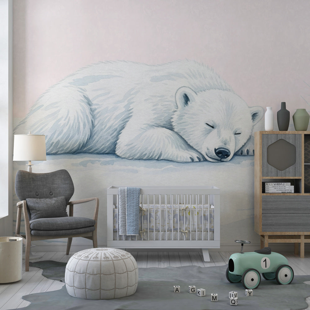 Gentle polar bear winter mural wallpaper with soft blue tones in modern kids room by Kids-Mundo