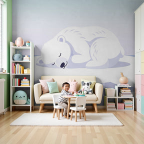 Polar bear mural wallpaper creating peaceful Arctic atmosphere in modern kids nursery by Kids-Mundo