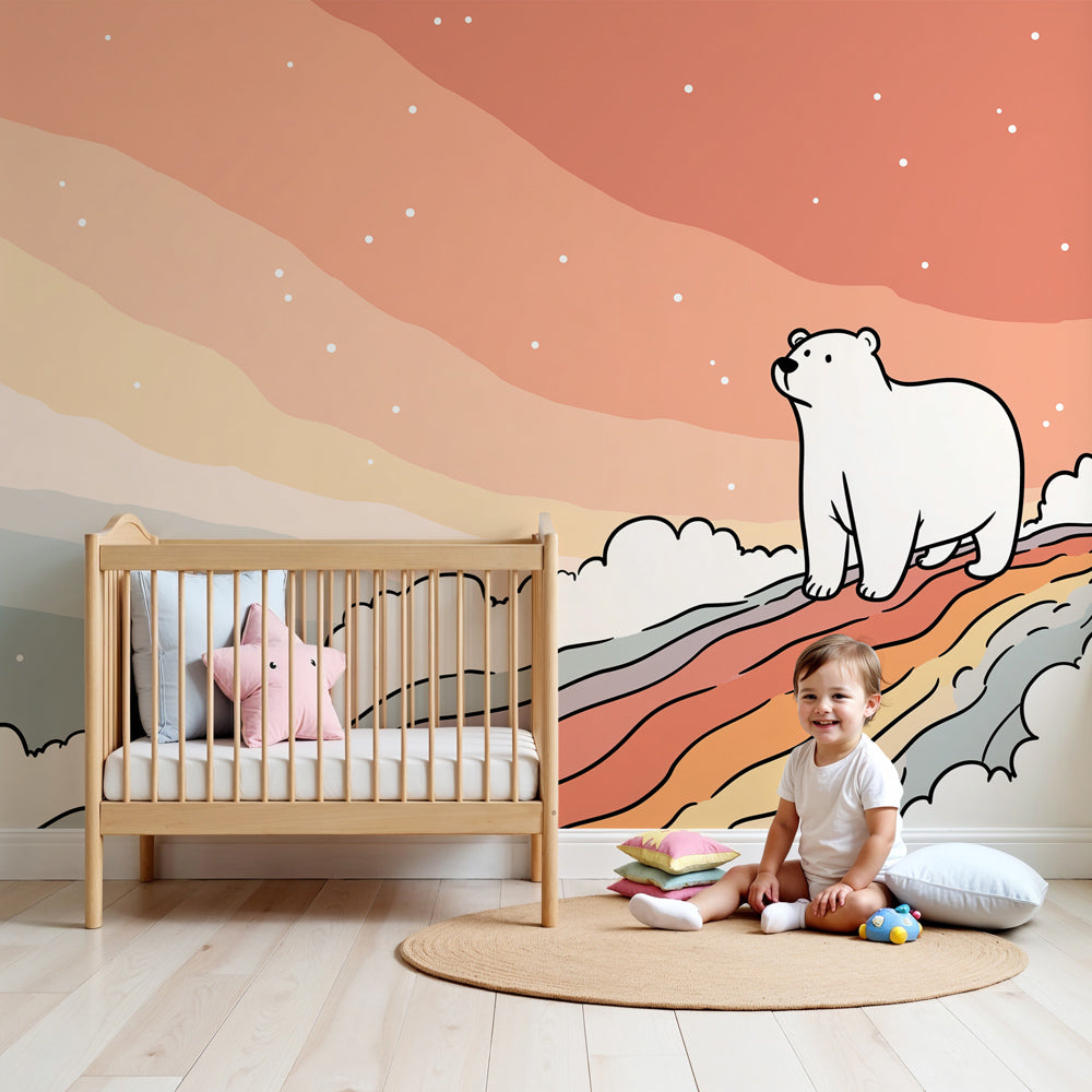 Polar bear rainbow mural wallpaper in modern nursery with white crib by Kids-Mundo