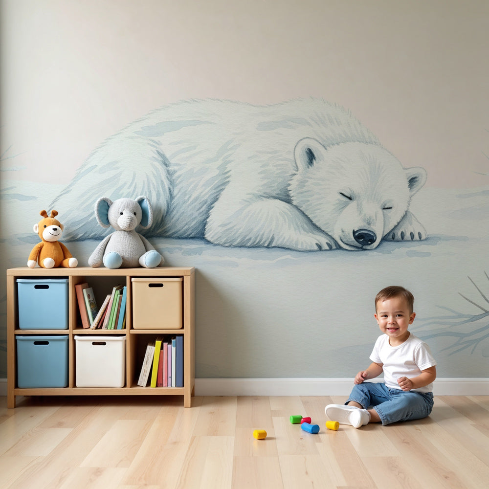 Sleeping polar bear mural wallpaper in cozy white nursery with wooden crib by Kids-Mundo