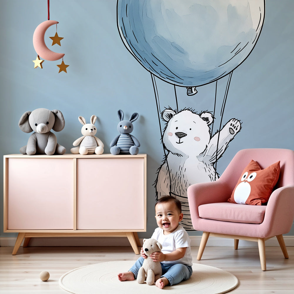 Polar bear hot air balloon mural wallpaper in modern baby nursery by Kids-Mundo