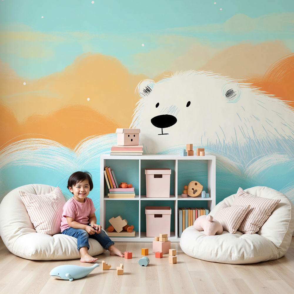 Polar bear cloud mural wallpaper creating dreamy nursery atmosphere by Kids-Mundo