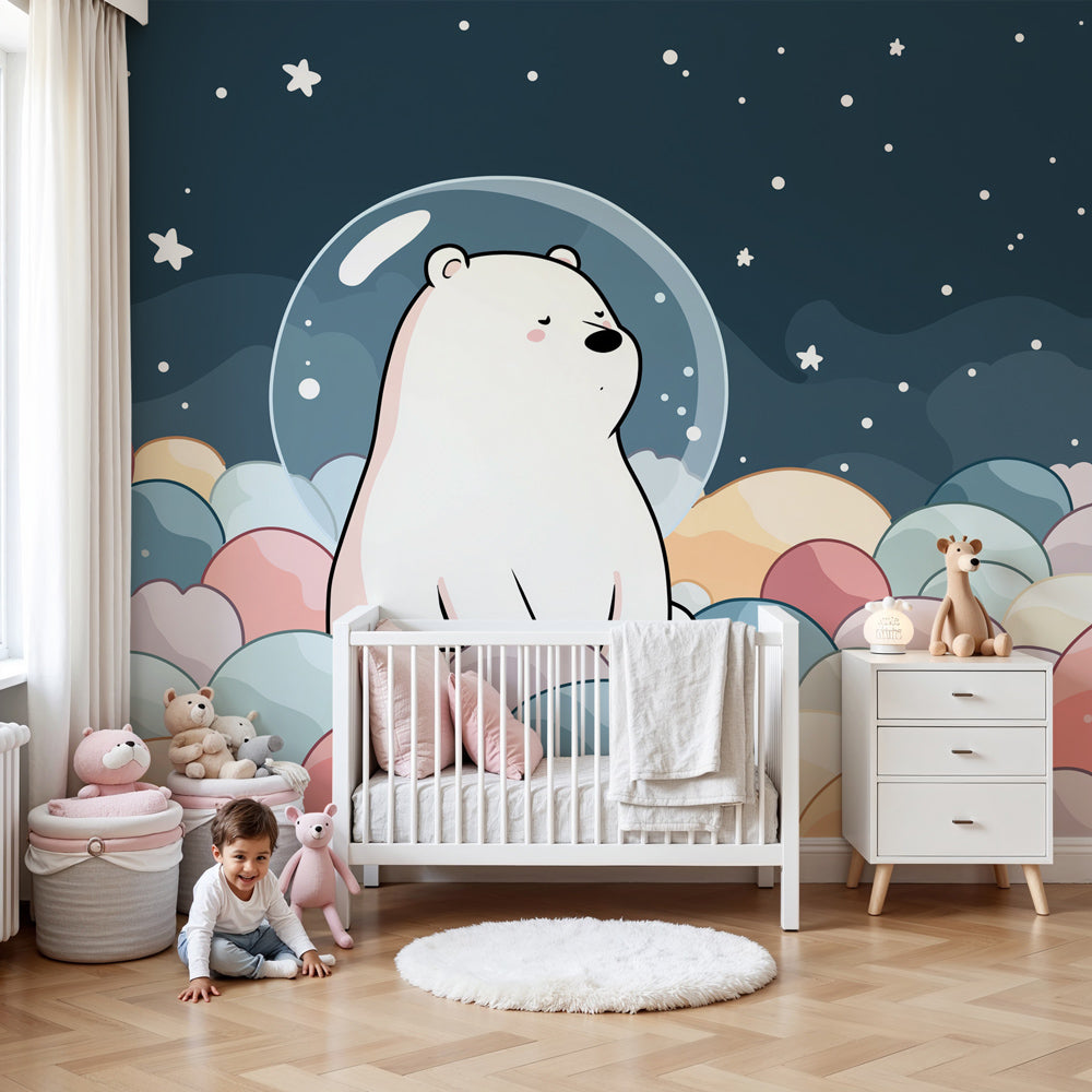 Polar bear celestial mural wallpaper in modern baby nursery with wooden crib by Kids-Mundo