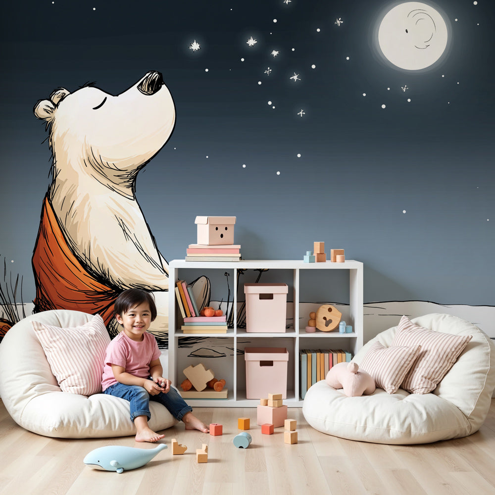 Polar bear mural wallpaper creating dreamy arctic nursery decor with peaceful moonlight scene by Kids-Mundo