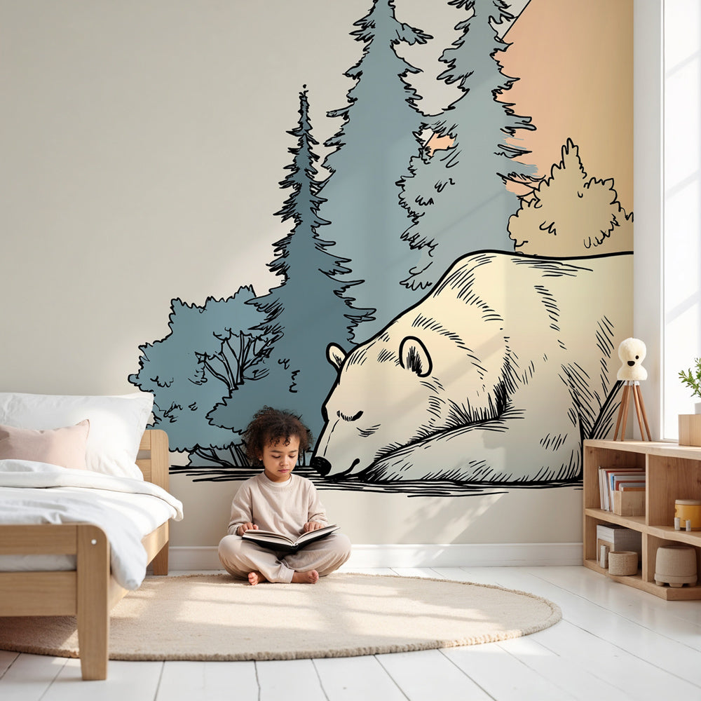 Polar bear enchanted forest mural wallpaper in serene nursery setting by Kids-Mundo
