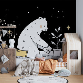 Starry night polar bear wallpaper in cozy children's bedroom setting by Kids-Mundo