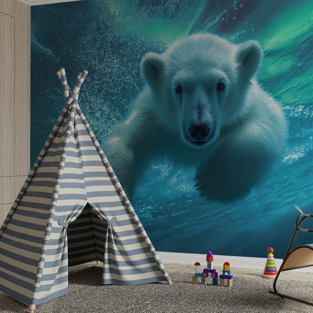 Kids-Mundo polar bear and aurora wall mural on a kids' bedroom feature wall