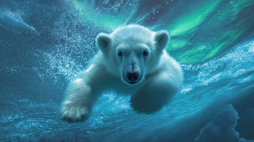 Polar Bear Swimming Under the Northern Lights Wall Mural