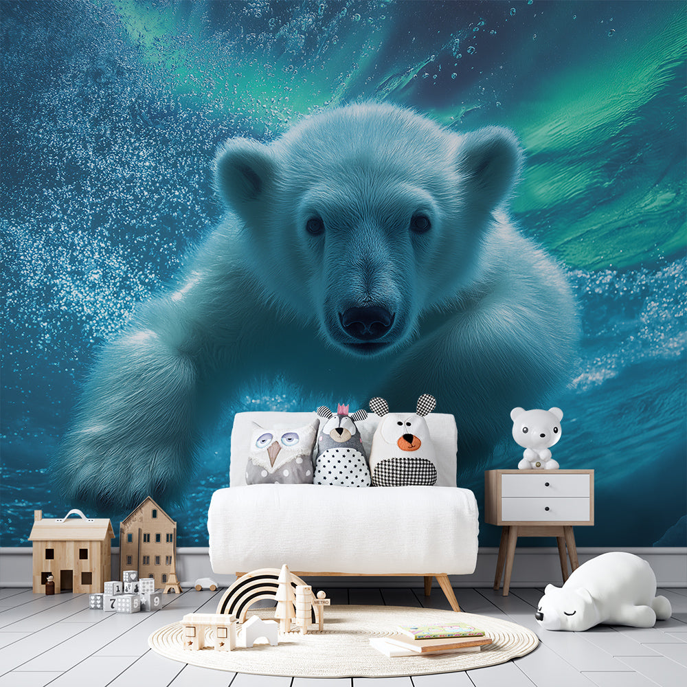 Kids-Mundo northern lights polar bear wall mural in an adventure-themed playroom