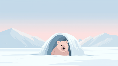 Kids-Mundo flat artwork of a bear peeking out of a snow igloo beneath a pastel sky