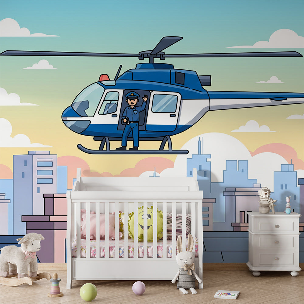 Kids-Mundo helicopter city wallpaper mural in a boy's bedroom, adding a lively skyline feature wall.