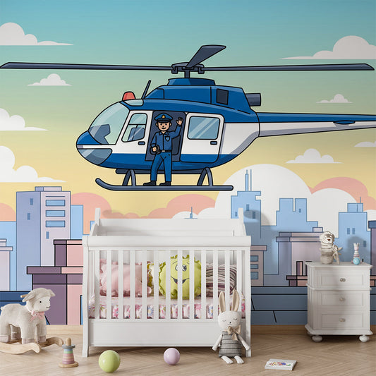 Kids-Mundo helicopter city wallpaper mural in a boy's bedroom, adding a lively skyline feature wall.