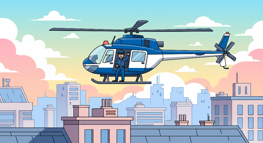 Police Helicopter Over the City Skyline Wall Mural