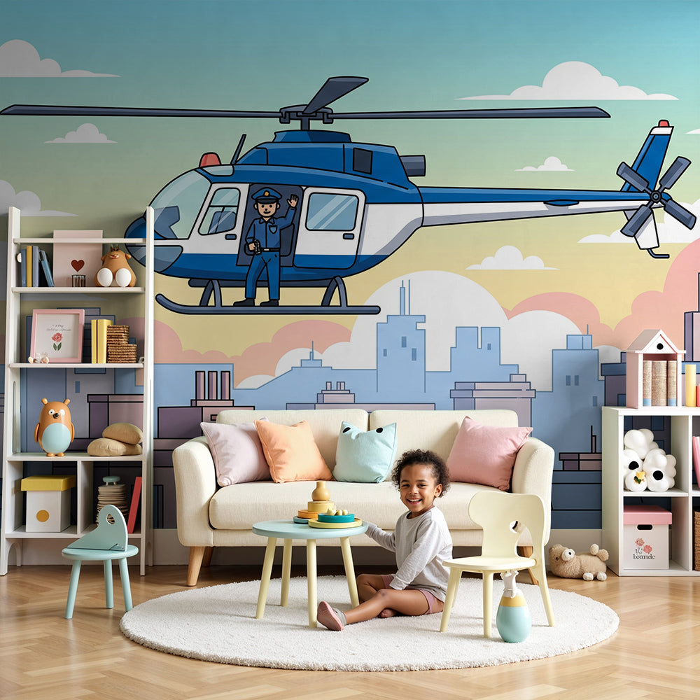 Kids-Mundo police helicopter wall mural styled in a bright pastel nursery skyline scene.