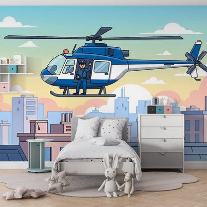 Kids-Mundo police helicopter wall mural bringing city rescue action to a fun playroom.
