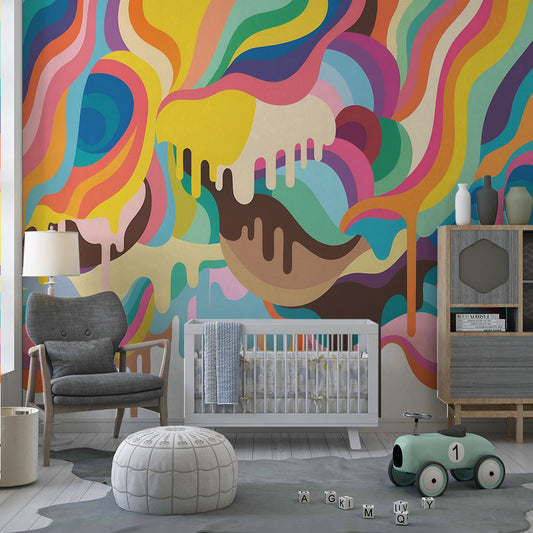 Kids-Mundo rainbow wave wall mural bringing bold colour to a child's bedroom