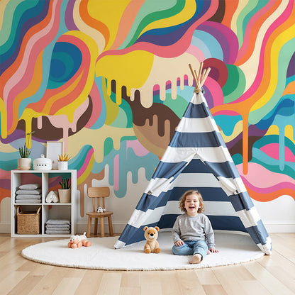 Psychedelic rainbow wall mural by Kids-Mundo styled in a bright, colourful nursery room