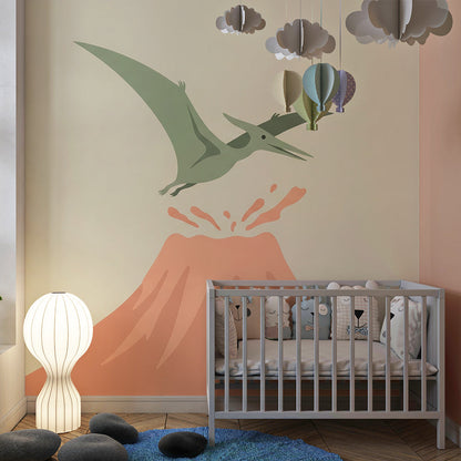 Kids-Mundo dinosaur wall mural with a flying pterodactyl in an adventurous kids bedroom