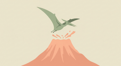 Kids-Mundo pterodactyl flying over an erupting volcano artwork on a soft beige background