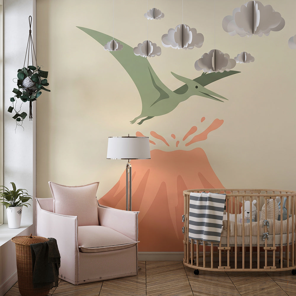 Kids-Mundo pterodactyl and volcano wall mural covering a wall in a children's playroom