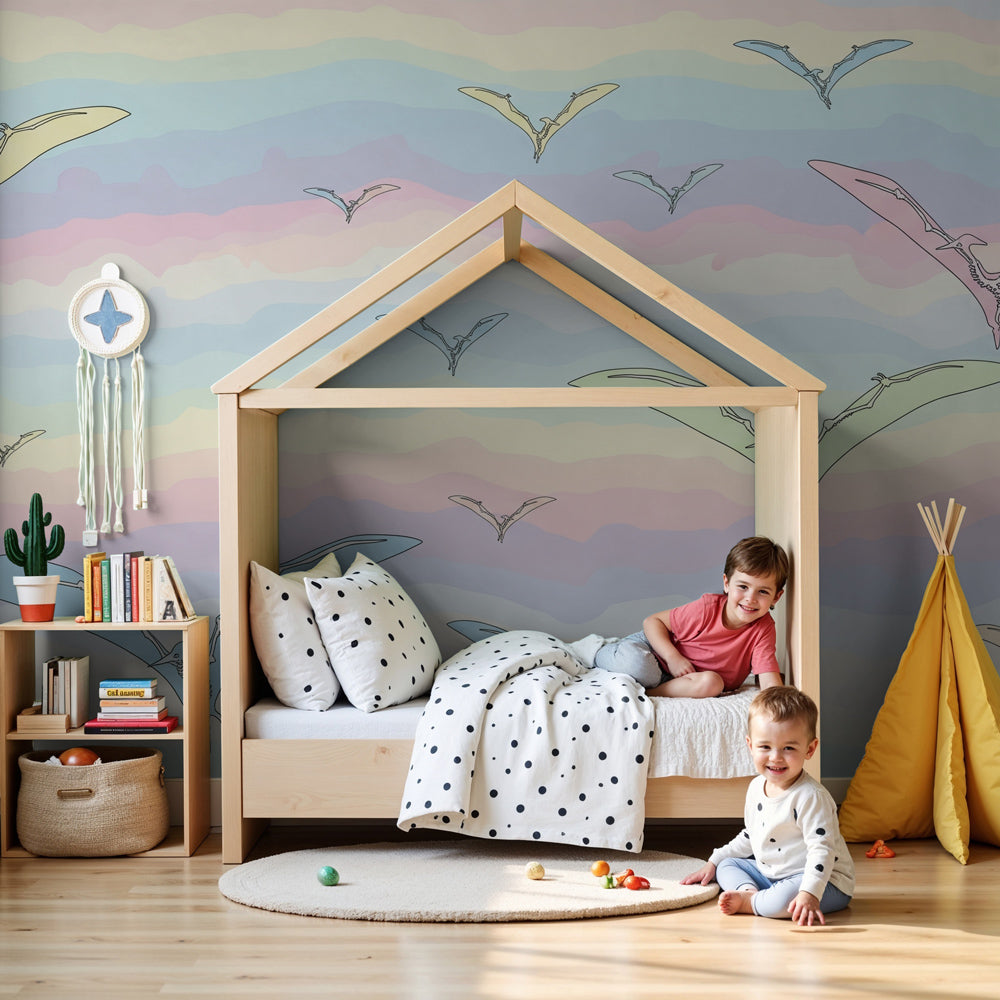 Pterosaur mural wallpaper in pastel nursery with flying dinosaurs creating peaceful kids room by Kids-Mundo