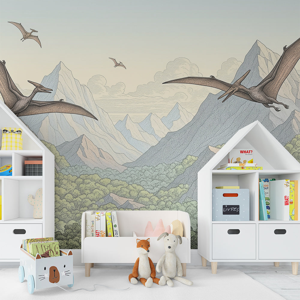 Kids-Mundo prehistoric valley wall mural covering a feature wall in an adventurous kids bedroom