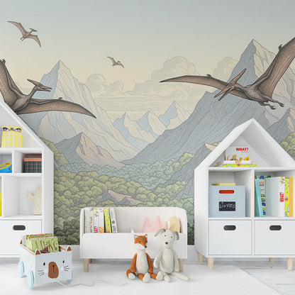 Kids-Mundo prehistoric valley wall mural covering a feature wall in an adventurous kids bedroom