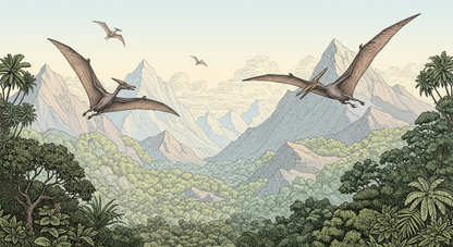 Flat artwork preview of the Kids-Mundo pterosaur wall mural showing a prehistoric valley scene