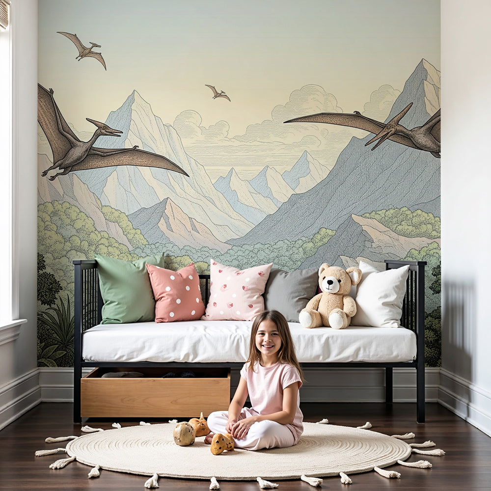 Kids-Mundo pterosaur dinosaur wall mural styled in a bright nursery with soft furnishings