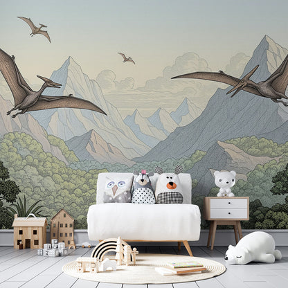 Kids-Mundo pterosaur wall mural covering a wall in a dinosaur-themed children's playroom