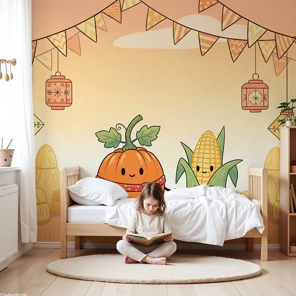 Kids-Mundo pumpkin and corn harvest wall mural styled in a warm nursery room
