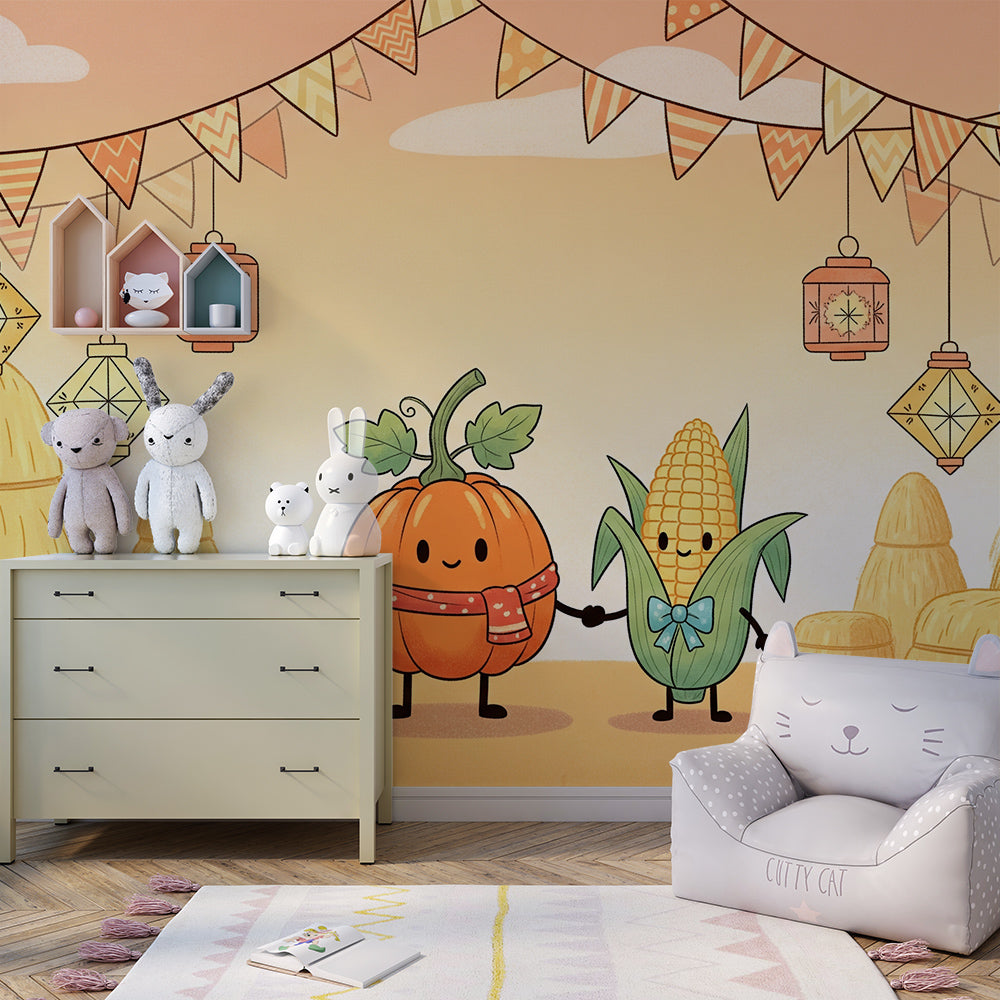 Kids-Mundo autumn pumpkin and corn wall mural in a festive children's playroom