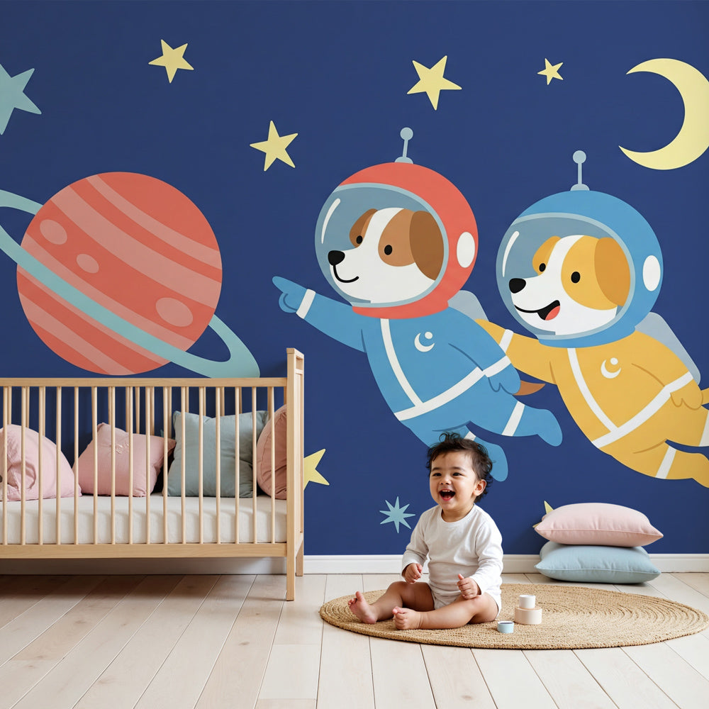 Kids-Mundo puppy astronauts and planet wall mural styled in a navy nursery