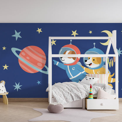 Kids-Mundo puppy astronauts space wall mural in a bright, shared playroom