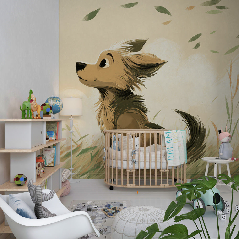 Nature fields puppy wallpaper creating calming children's bedroom decor