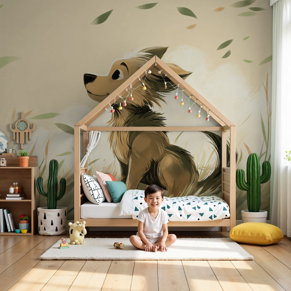 Puppy dog nature mural wallpaper in peaceful nursery setting by Kids-Mundo