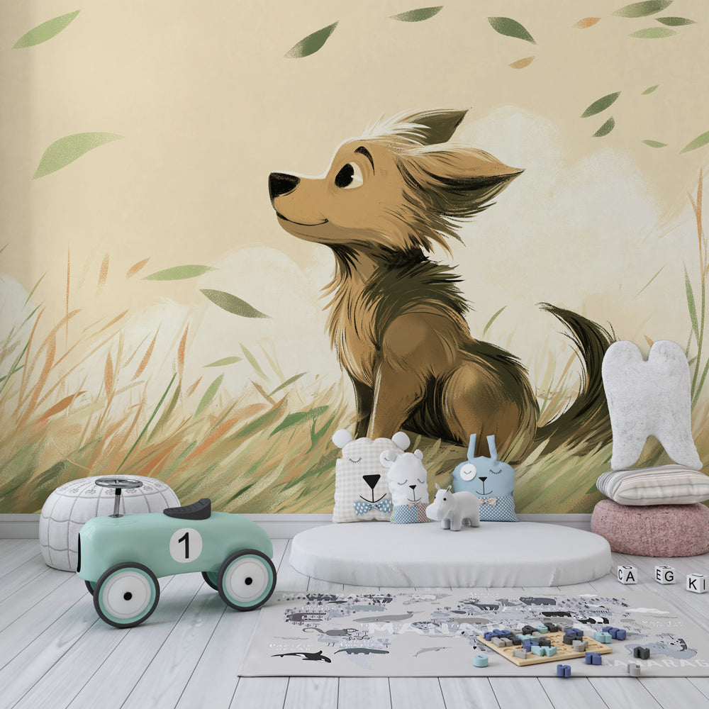 Adventure-themed puppy mural wallpaper for bright kids playroom