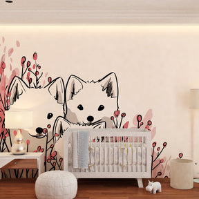 Botanical puppy mural wallpaper with pink sprouts creating gentle toddler room atmosphere