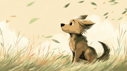 Kids-Mundo happy puppy in the meadow wall mural artwork with drifting leaves and golden grass tones.