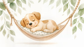 Detailed puppy mural wallpaper design pattern showing sleeping dog in leafy hammock by Kids-Mundo
