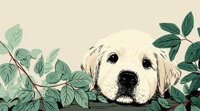 Detailed puppy and foliage mural wallpaper design pattern with soft beige and green tones by Kids-Mundo