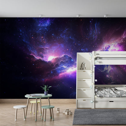 Kids-Mundo purple galaxy wall mural bringing a dramatic deep-space glow to a children's playroom