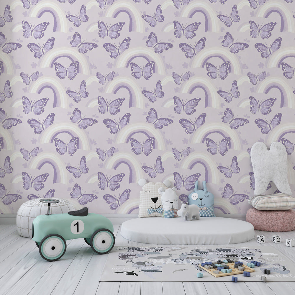 Kids-Mundo delicate rainbow butterfly pattern mural on a girl's bedroom feature wall