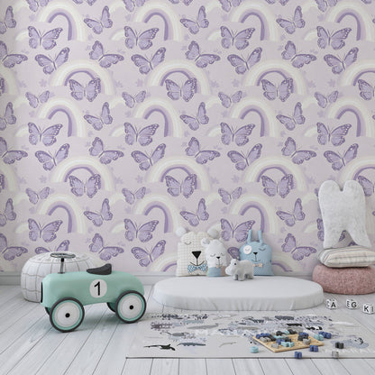 Kids-Mundo delicate rainbow butterfly pattern mural on a girl's bedroom feature wall