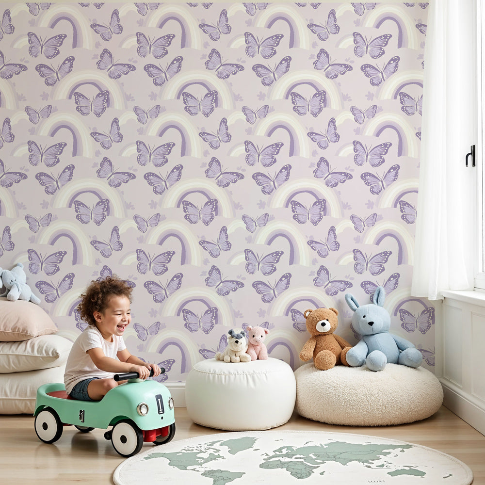 Kids-Mundo purple butterfly and rainbow wall mural in a soft lilac nursery setting
