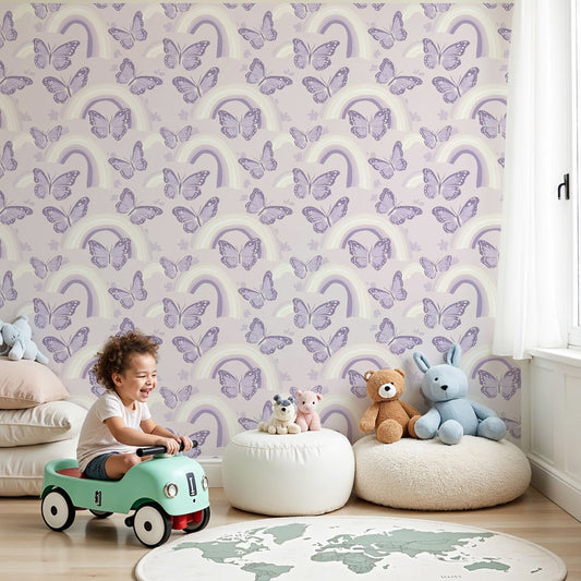 Kids-Mundo purple butterfly and rainbow wall mural in a soft lilac nursery setting